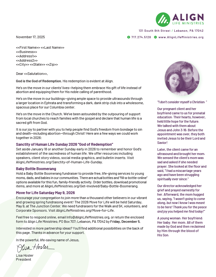 letter to pastors about Sanctity of Human Life Sunday and other events by Align Life Ministries